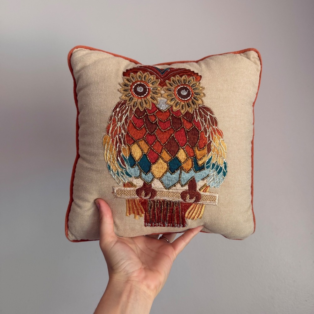 Pier‎ 1 Imports Embroidered Beaded Owl Throw Pillow Boho Accent Small 10"